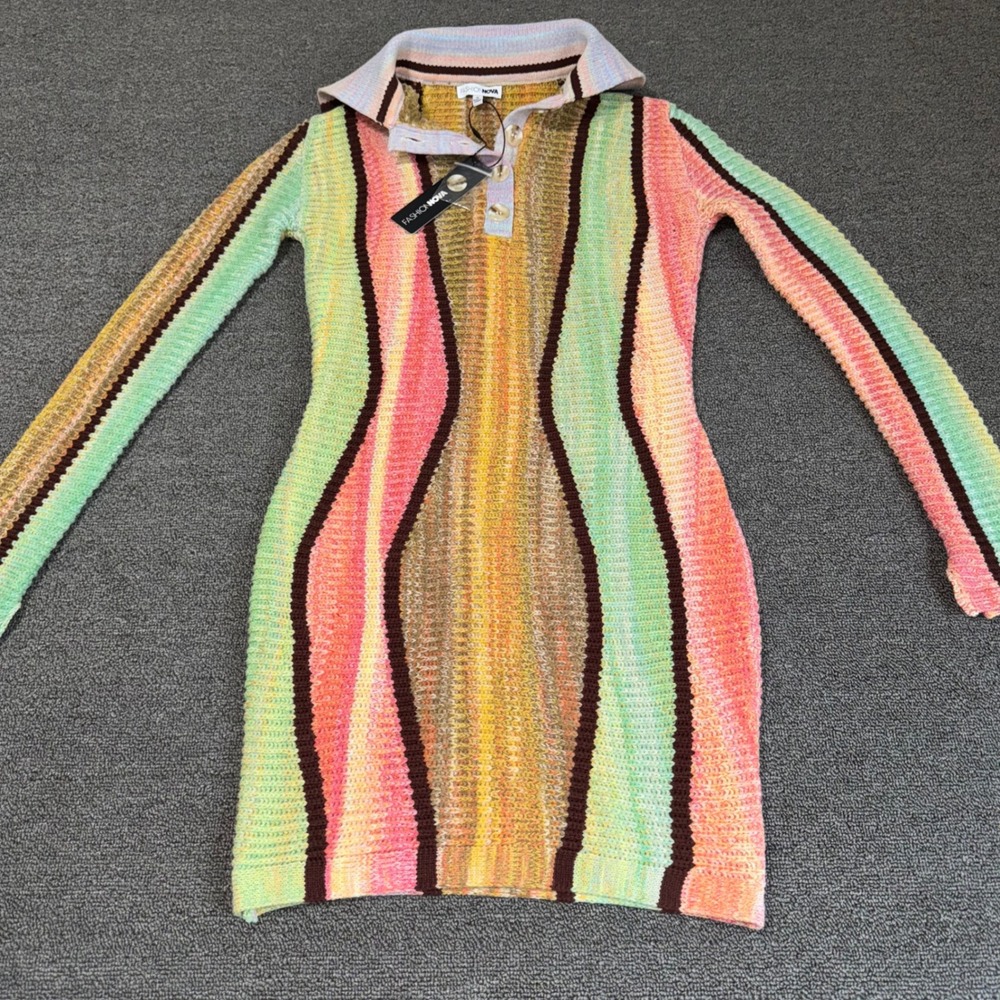 NWT Fashion Nova Calliope Collared Sweater Mini Dress Pink Multi Stripe Small